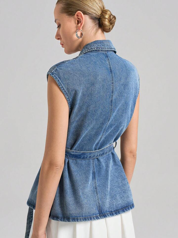 CM-TS292467 Women Casual Seoul Style Dark Wash Waterfall Neckline Sleeveless Denim Vest With Removable Belt