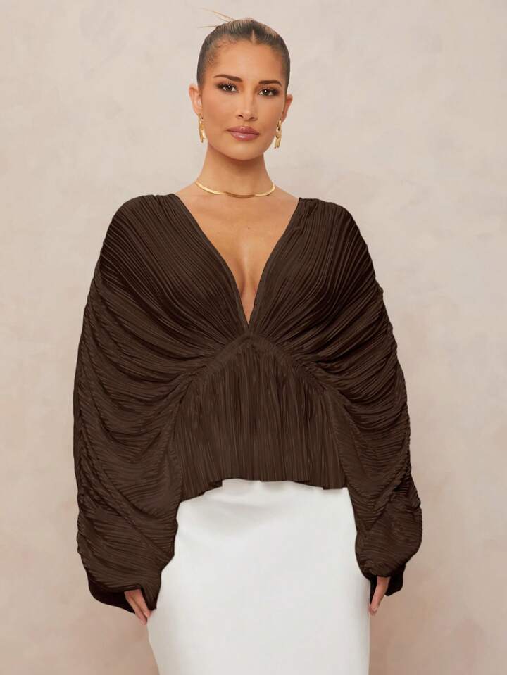 CM-TS201119 Women Elegant Seoul Style Deep V-Neck Oversized Ruffle Sleeves Loose Blouse - Brown