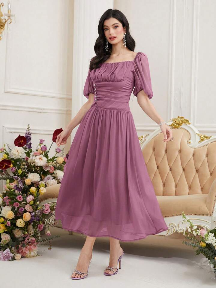 CM-DS785447 Women Elegant Seoul Style Square Neck Short Puff Sleeve Pleated Dress