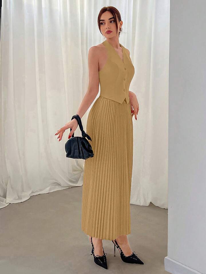 CM-SS042253 Women Elegant SeouL Style Single Breasted Halter Vest With Pleated Midi Skirt - Yellow