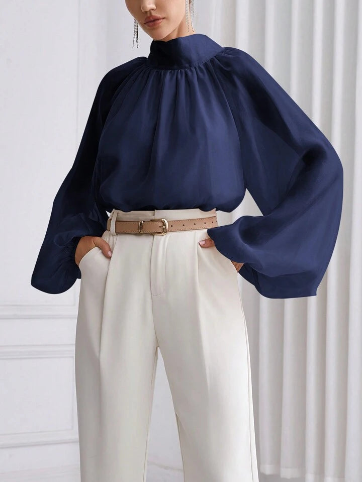 CM-TS940136 Women Elegant Seoul Style High Neck Lantern Sleeve Shirt - Navy Blue
