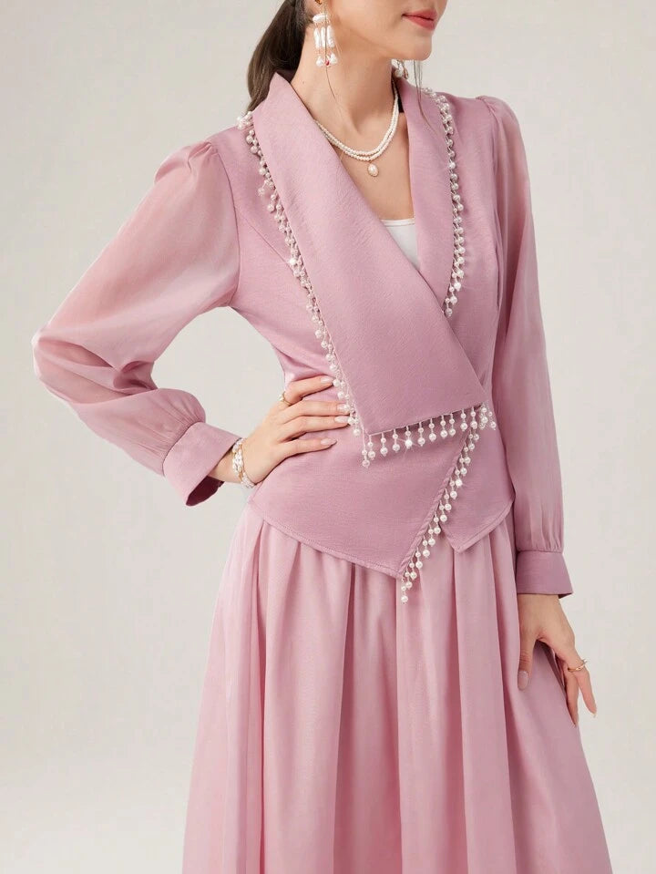 CM-SS752694 Women Elegant SeouL Style Pom-Pom Decorated Long Sleeve Top With Skirt - Set