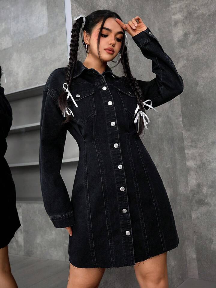 CM-DS623314 Women Casual Seoul Style Front Button Long Sleeve Pocket Short Denim Dress - Black