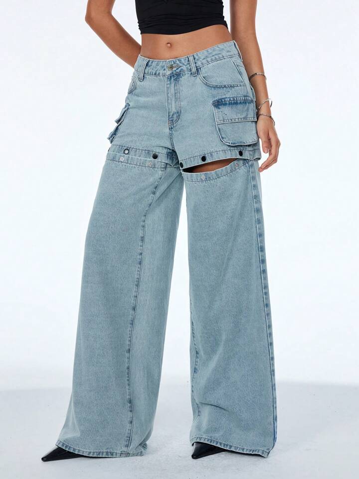 CM-BS743441 Women Casual Seoul Style Mid Waist Solid Color Wide-Leg Hollow Out Pocket Jeans - Blue