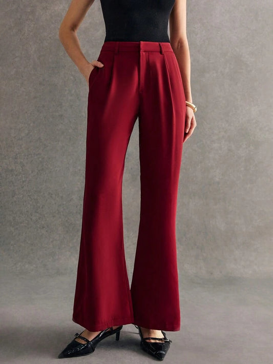 CM-BS561105 Women Elegant Seoul Style Solid Color Flare Leg Pocket Detail Long Pants - Burgundy