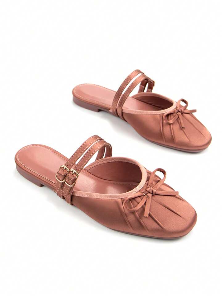 CM-SHS666431 Women Trendy Seoul Style Thin Strap Buckle Bow Satin Square Toe Slip-On Ballet Flats - Rose Gold