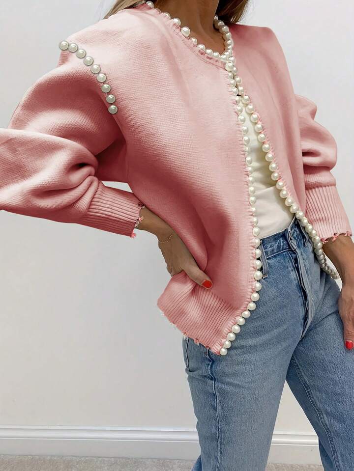 CM-CS621759 Women Casual Seoul Style Pearl Trim Distressed Hem Long Sleeve Knit Sweater - Pink