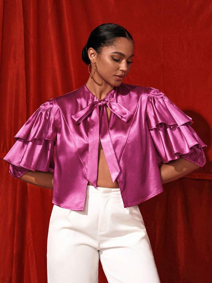 CM-TS176433 Women Casual Seoul Style Tie Neck Short Sleeve Ruffle Bolero Blouse - Hot Pink