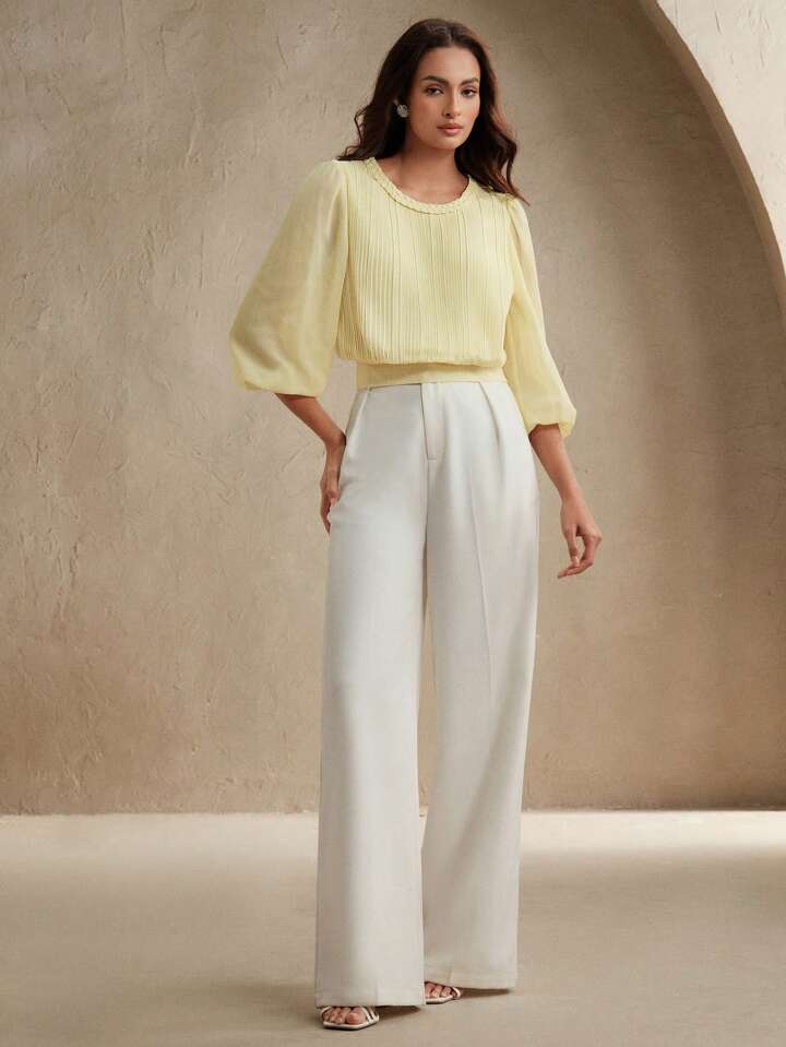 CM-TS652461 Women Elegant Seoul Style Cable Knit Round Neck Pleated Lantern Sleeve Slim Fit Blouse - Yellow