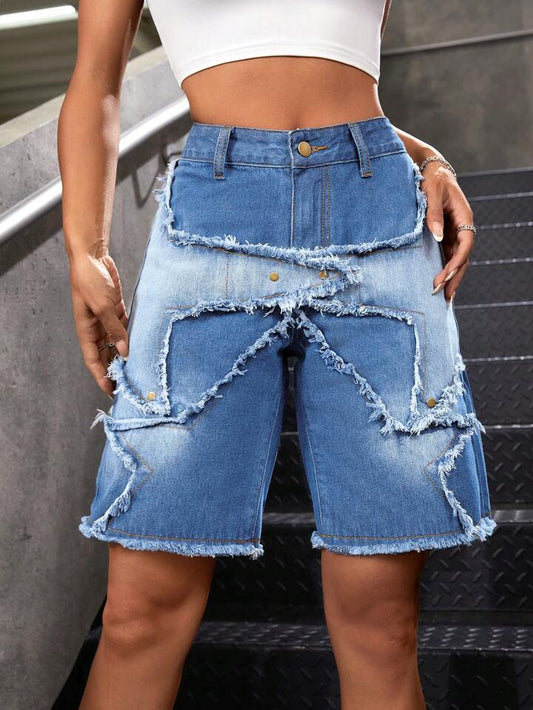 CM-BS458866 Women Casual Seoul Style Light Wash Patchwork Frayed Hem Bermuda Denim Shorts