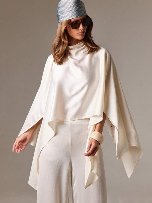 CM-TS999111 Women Elegant Seoul Style High Neck Draped Long Sleeve Flowing Chiffon Top Asymmetrical Hem Blouse