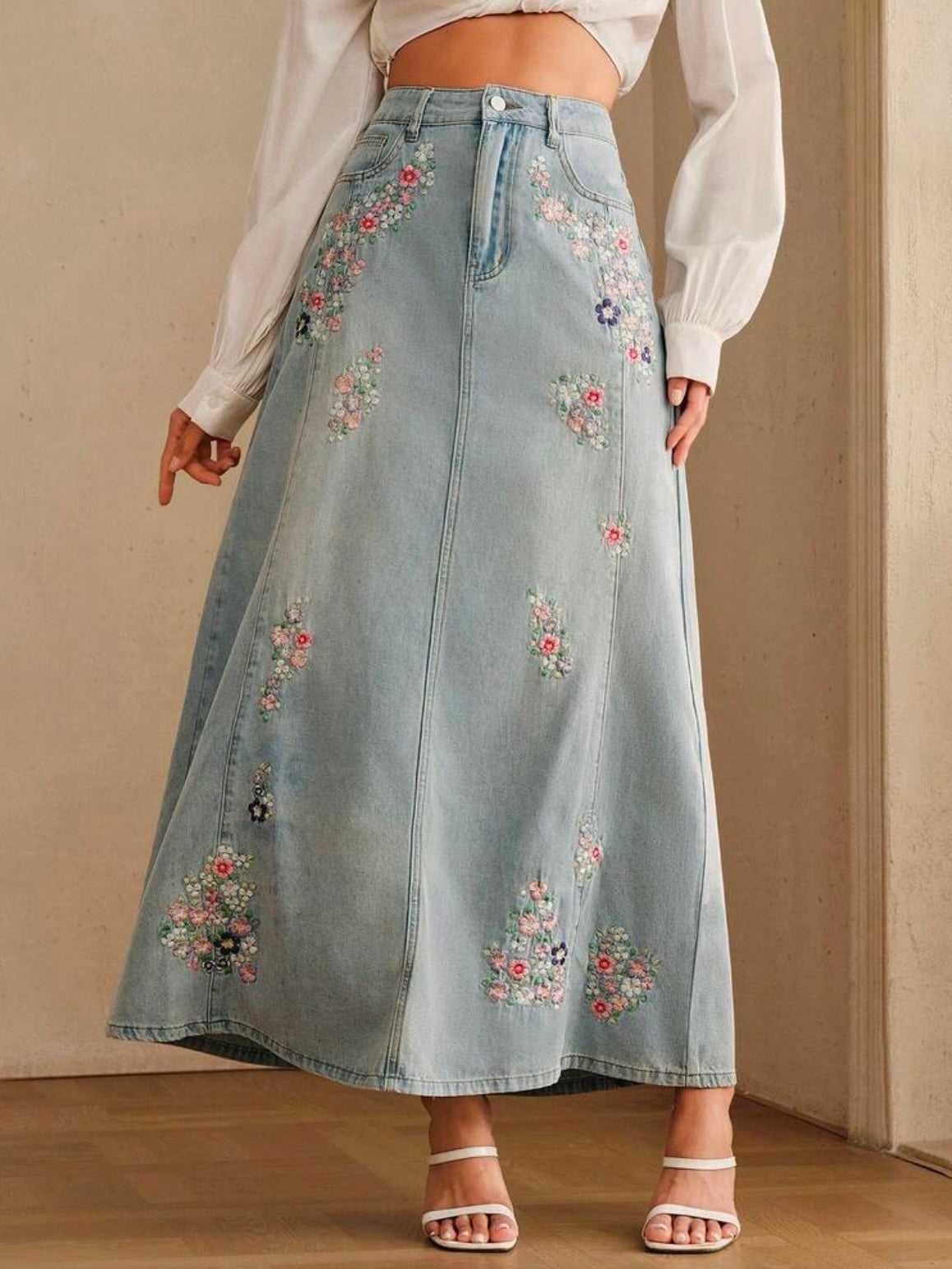 CM-BS230235 Women Casual Seoul Style Mid Waist Embroidery Slimming Design Split A-Line Denim Skirt - Blue