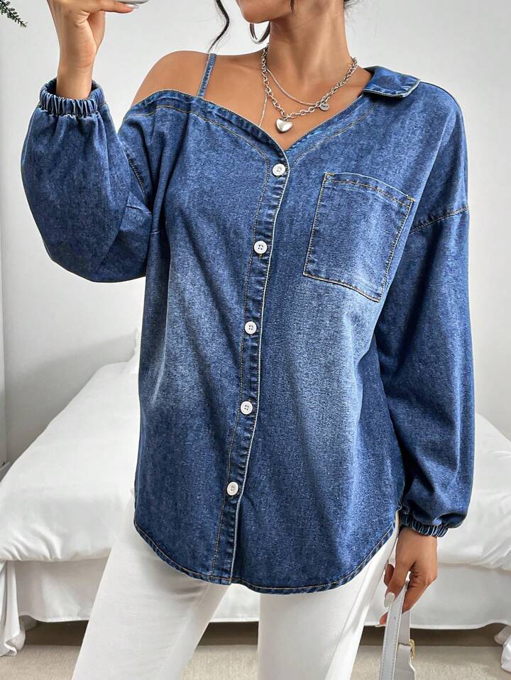 CM-TS782198 Women Casual Seoul Style Medium Wash Oversized Long Sleeve Open Shoulder Denim Top