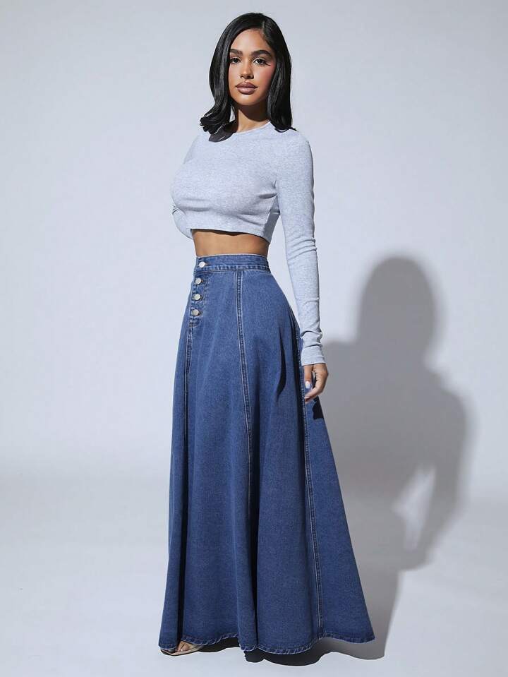 CM-BS749524 Women Casual Seoul Style Medium Wash High Waist Button Front Extra Long Denim Skirt