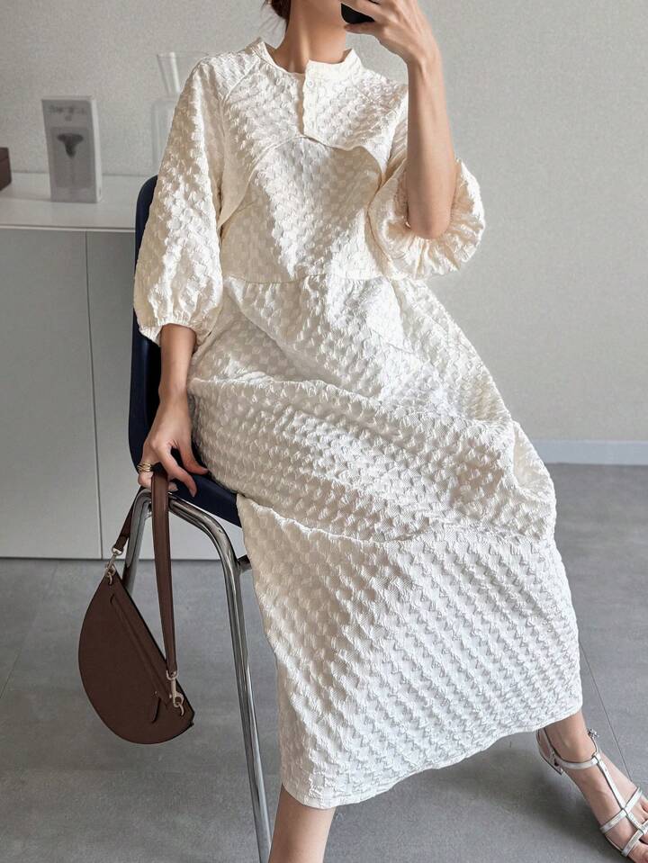 CM-DS502502 Women Casual Seoul Style Textured Stand Collar Puff Sleeve Loose A-Line Dress - Apricot