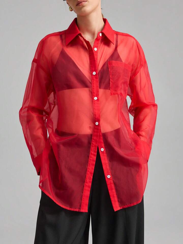 CM-TS755066 Women Elegant Seoul Style Shirt Collar Sheer Long Sleeve Oversized Blouse - Red