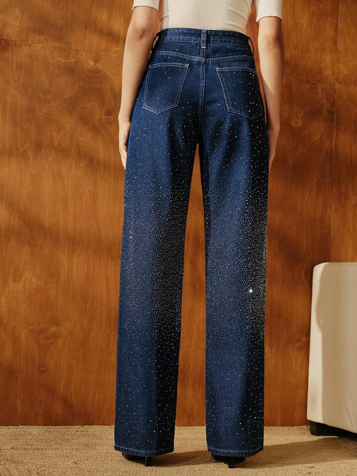 CM-BS444343 Women Casual Seoul Style Dark Wash High Waist Pockets Rhinestone Straight Loose Jeans