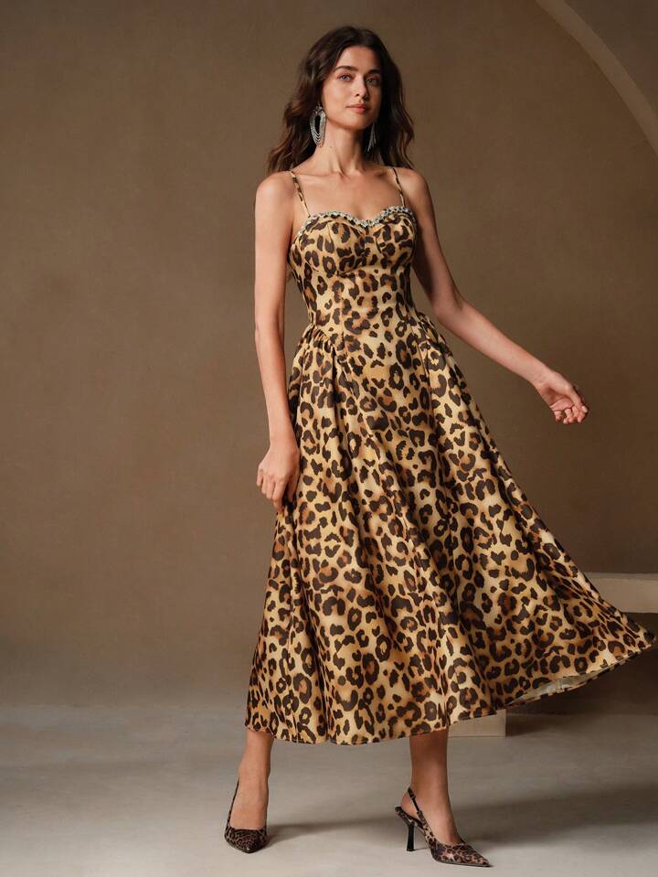 CM-DS030246 Women Elegant Seoul Style Spaghetti Strap Leopard Print Rhinestone Embellished Midi Dress