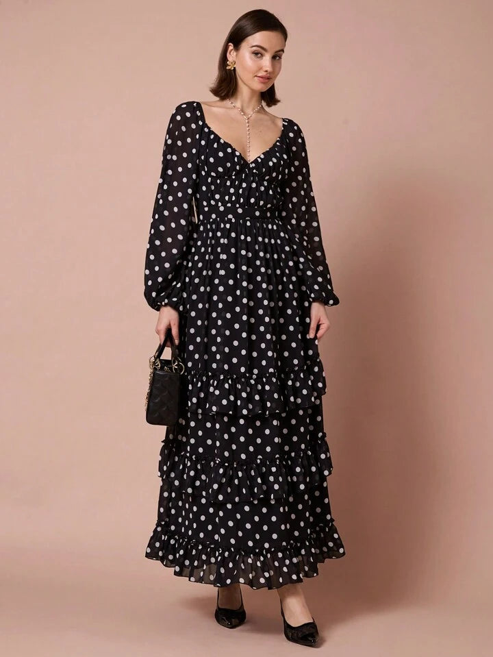 CM-DS108408 Women Elegant Seoul Style Polka Dot V-Neck Puff Long Sleeve Layered A-Line Dress - Black