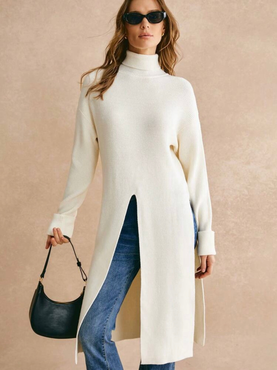 CM-CS884286 Women Casual Seoul Style Turtleneck Slit Dropp Shoulder Long Sleeve Split Hem Sweater