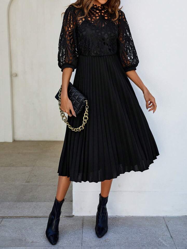 CM-DS634518 Women Trendy Bohemian Style Patchwork Corded Lace Pleated Hem Dress - Black