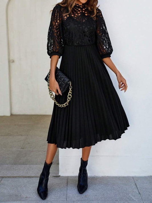 CM-DS634518 Women Trendy Bohemian Style Patchwork Corded Lace Pleated Hem Dress - Black