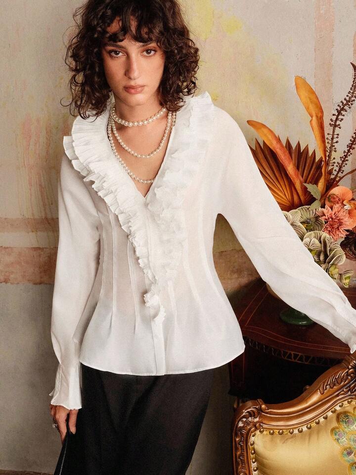 CM-TS335916 Women Elegant Seoul Style Chiffon Fabric V-Neck Long Sleeve Waist Pleated Double Ruffle Collar Design Shirt