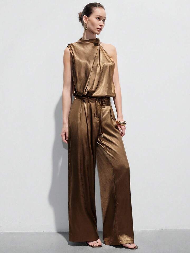 CM-SS263310 Women Elegant Seoul Style Sleeveless Drawstring Vest With Loose Straight Leg Pants - Set
