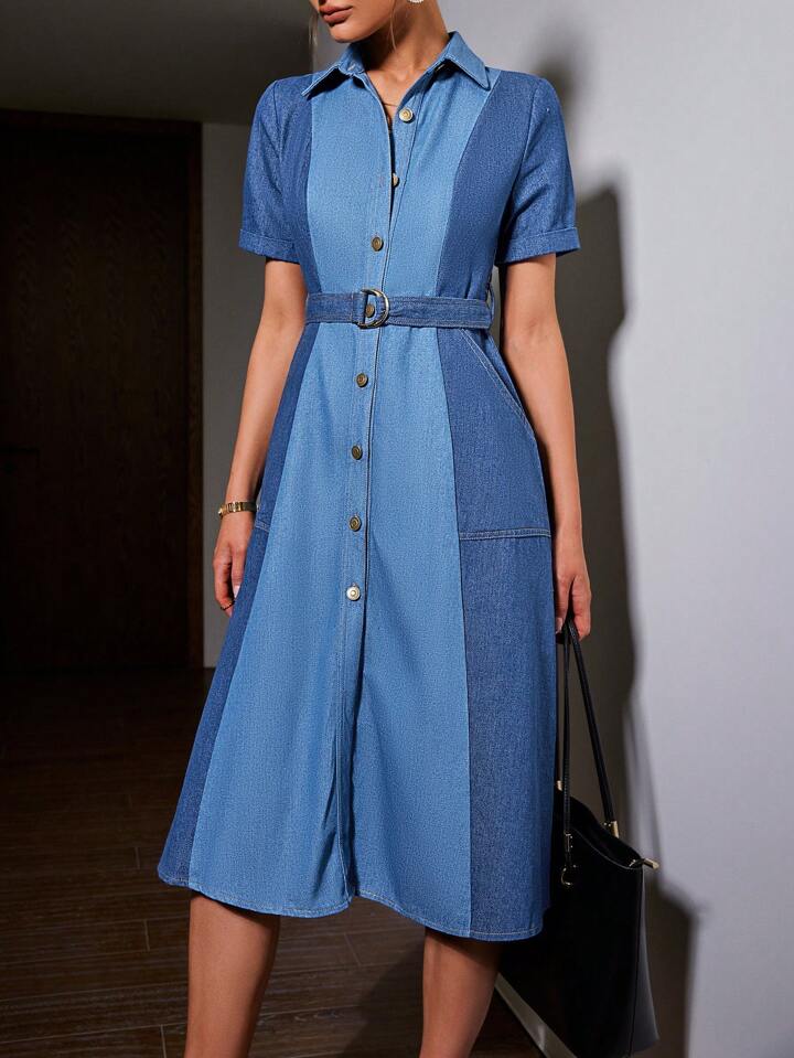 CM-DS846599 Women Elegant Seoul Style Denim-Effect Print Short Sleeve D-Ring Belted Dress - Blue