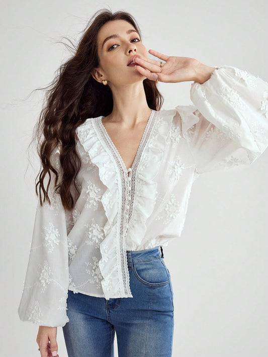 CM-TS756622 Women Elegant Seoul Style Floral Embroidery Lantern Sleeve Ruffled Hem Shirt