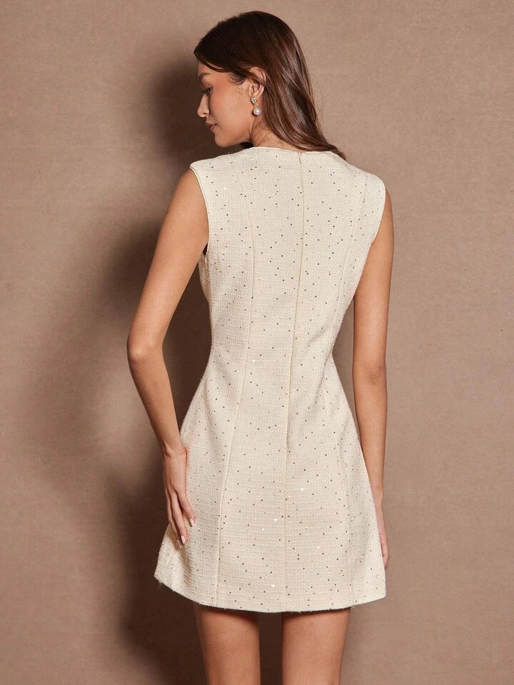 CM-DS212787 Women Elegant Seoul Style Sequin Tweed Cute Bowknot Decor Sleeveless Mini Dress - White