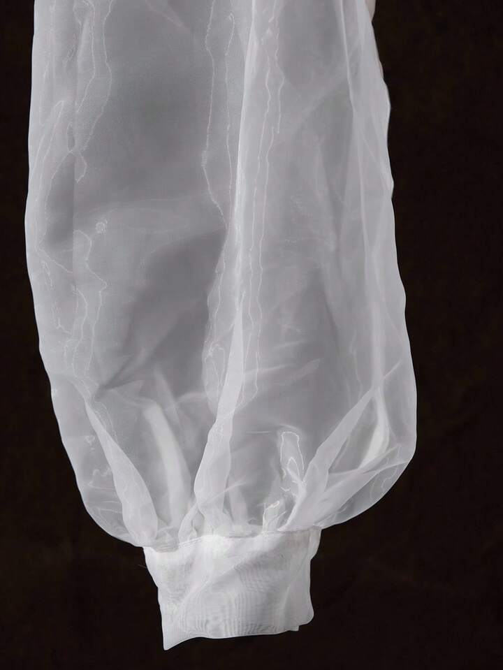 CM-TS713635 Women Elegant Seoul Style Tie Neck Puff Sleeve Organza Sheer Bowknot Blouse - White