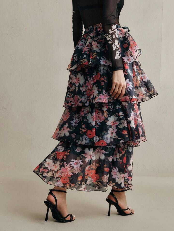 CM-BS613523 Women Elegant Seoul Style Mid Waist Floral Tie-Up Layered Cake Maxi Skirt