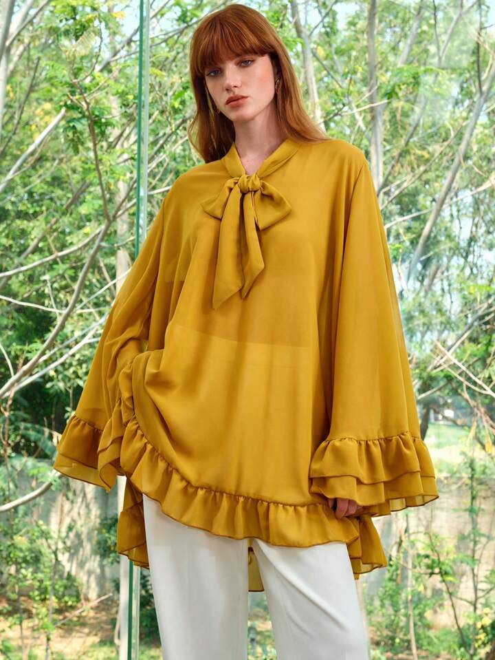 CM-TS466804 Women Elegant Seoul Style Chiffon Ruffle Hem V-Neck Bowknot Long Loose Blouse