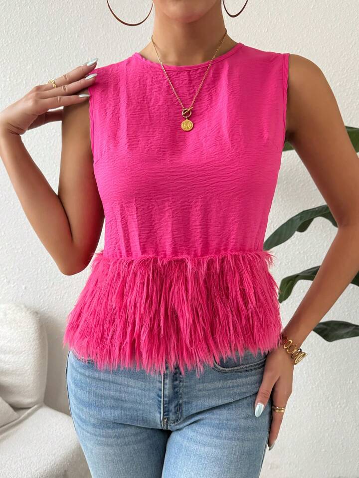 CM-TS992298 Women Casual Seoul Style Round Neck Sleeveless Loose Furry Hem Blouse - Hot Pink