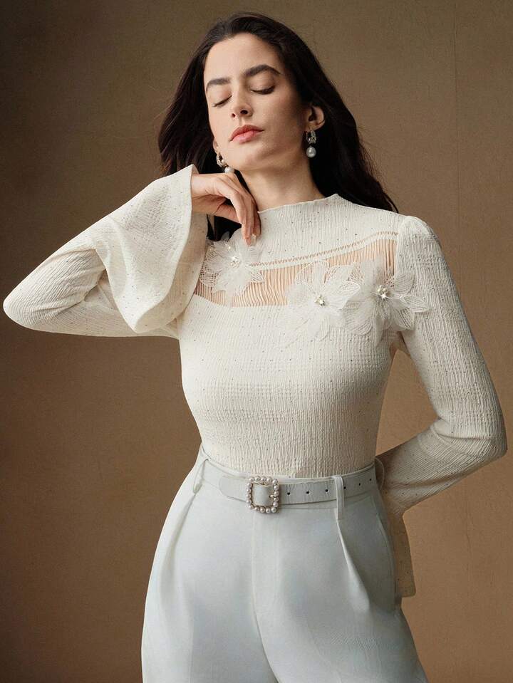 CM-TS613963 Women Elegant Seoul Style Floral Appliques Stand Collar Extra Long Flared Sleeve Blouse - Apricot