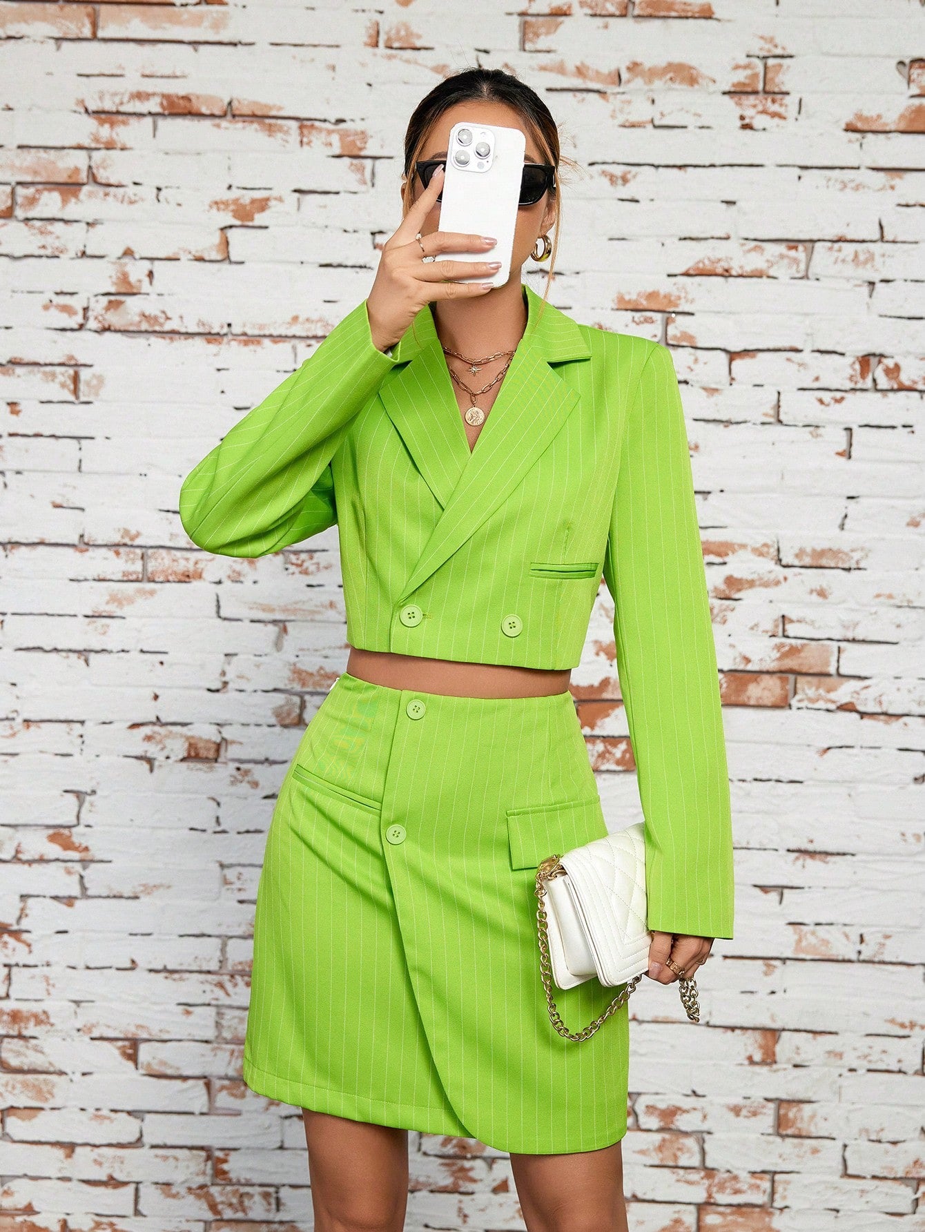 CM-SS429526 Women Elegant Seoul Style Stripe Cropped Jacket With Wrapped Skirt Suit - Green