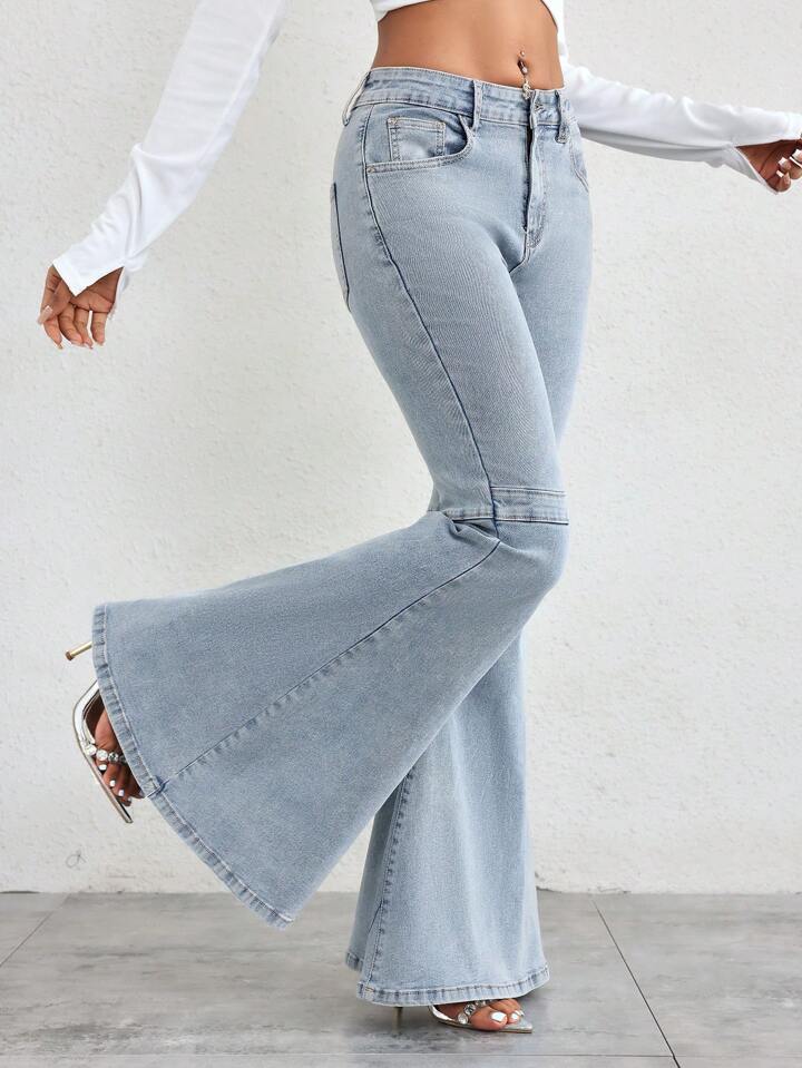 CM-BS254351 Women Casual Seoul Style Light Wash Slant Pocket Skinny Flare Leg Jeans