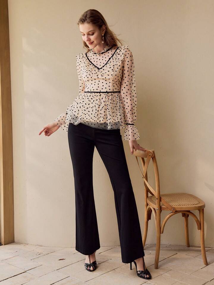 CM-TS622020 Women Elegant Seoul Style Stand Collar Flare Sleeve Contrast Mesh Ruffle Trim Blouse - Apricot