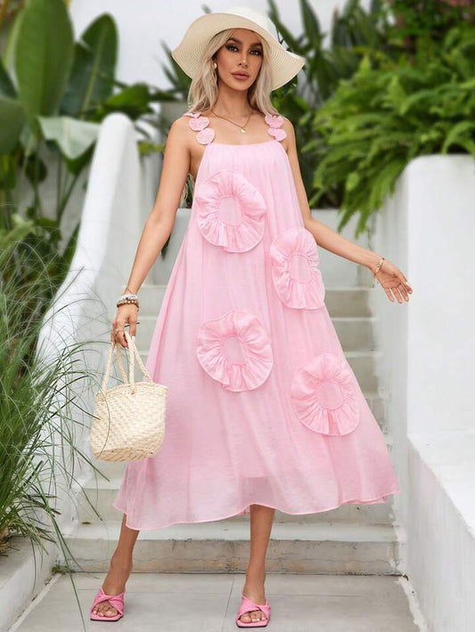 CM-DS595640 Women Trendy Bohemian Style Strappy 3D Floral Sleeveless Long Dress - Pink