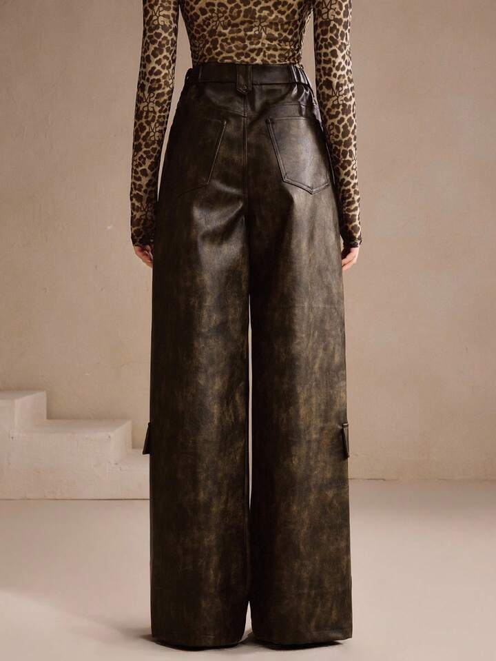 CM-BS445211 Women Elegant Seoul Style Mid Waist PU Leather Cargo Straight Leg Pants - Brown