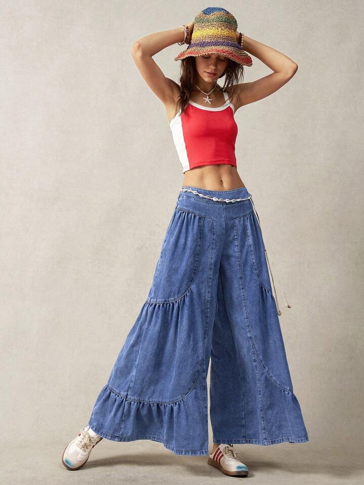 CM-BS562441 Women Casual Seoul Style Elastic Waist Irregular Patchwork Wide Leg Pants - Navy Blue