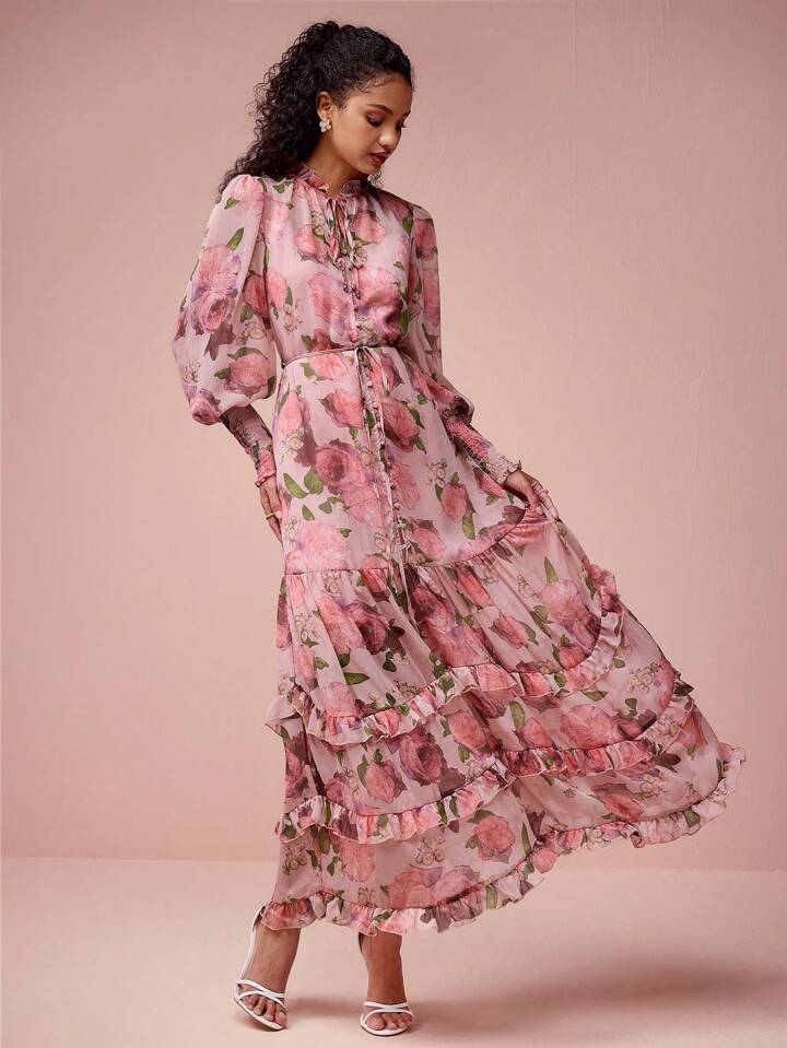CM-DS308871 Women Elegant Seoul Style Floral Print Tie Neck Multi-Layered Ruffled Hem Cuffs Dress