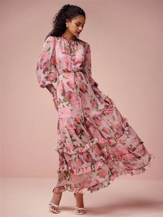 CM-DS308871 Women Elegant Seoul Style Floral Print Tie Neck Multi-Layered Ruffled Hem Cuffs Dress