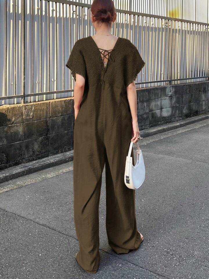CM-JS692562 Women Trendy Bohemian Style V-Neck With Drawstring Jumpsuit Trousers - Olive Green
