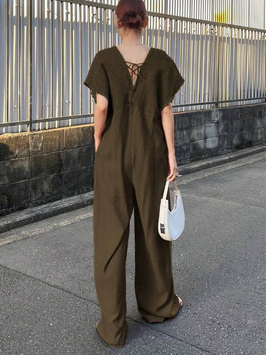 CM-JS692562 Women Trendy Bohemian Style V-Neck With Drawstring Jumpsuit Trousers - Olive Green