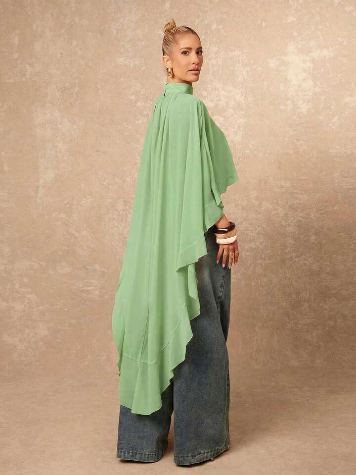 CM-TS255288 Women Casual Seoul Style Asymmetric Ruffle Hem Loose Collar Shawl Blouse - Green