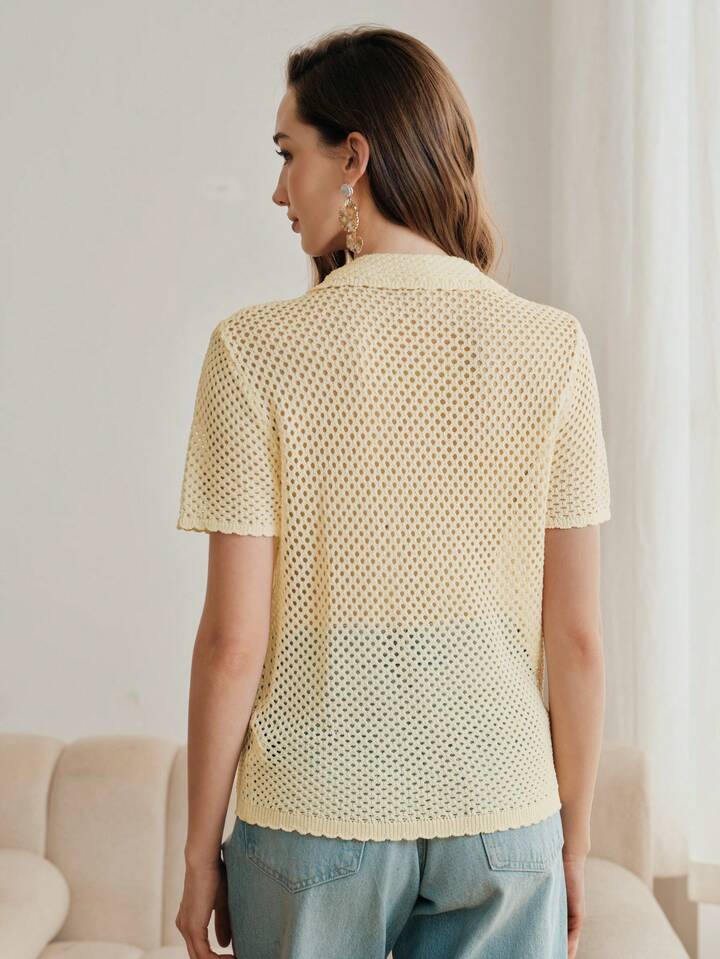 CM-TS343410 Women Casual Seoul Style Embroidered Hollow Out Collar Neckline Short Sleeve Knit Top