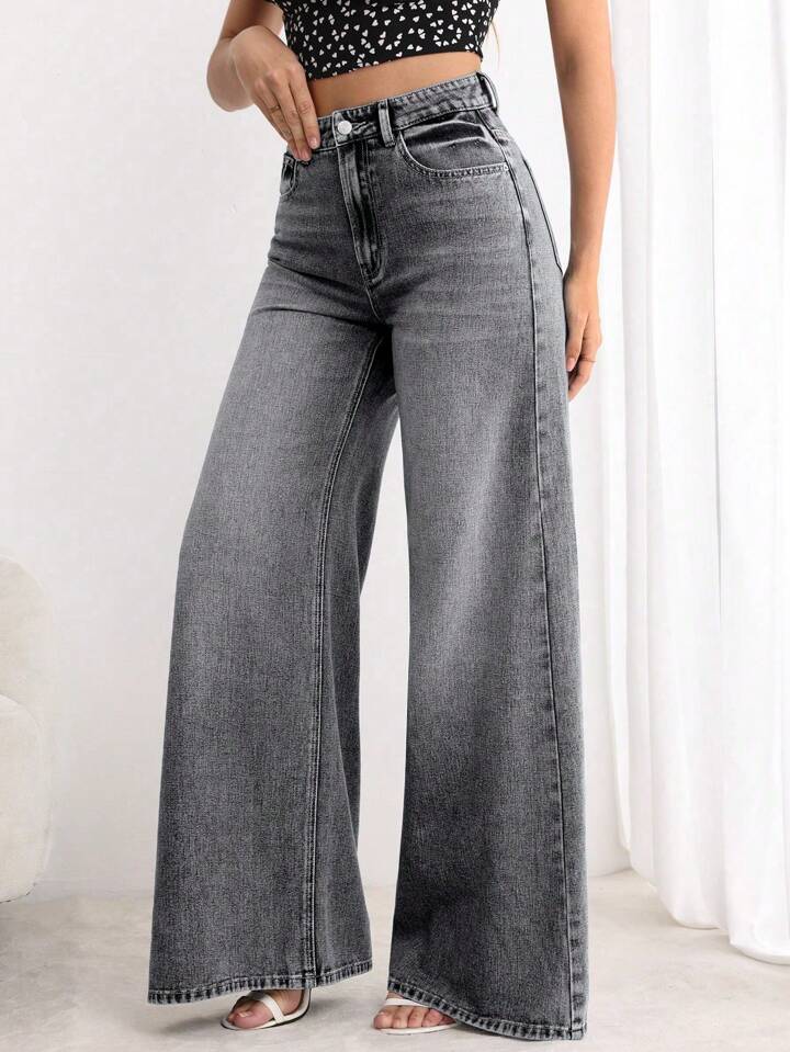 CM-BS603335 Women Elegant Seoul Style Button Front Pocket Loose Wide Leg Jeans - Gray
