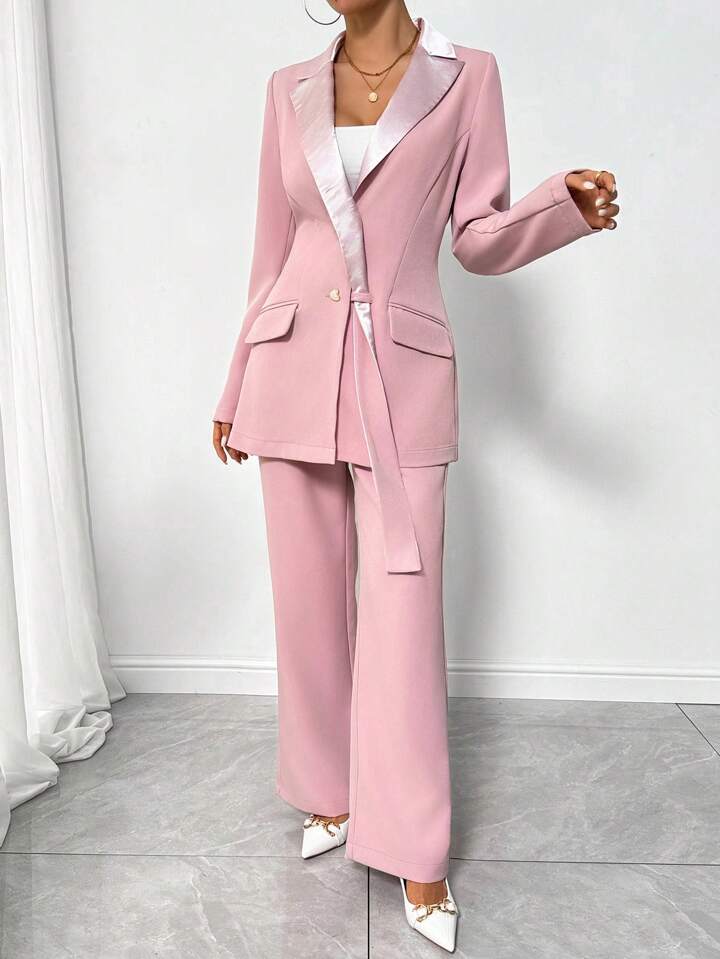 CM-SS787138 Women Elegant Seoul Style Colorblock Lapel Neckline Long Sleeve Blazer Jacket With Pants Suit - Pink